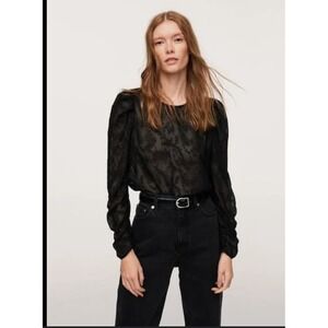 MNG Black‎ Sheer Textured Puff Sleeve Ruched Long Sleeve Top  size 10